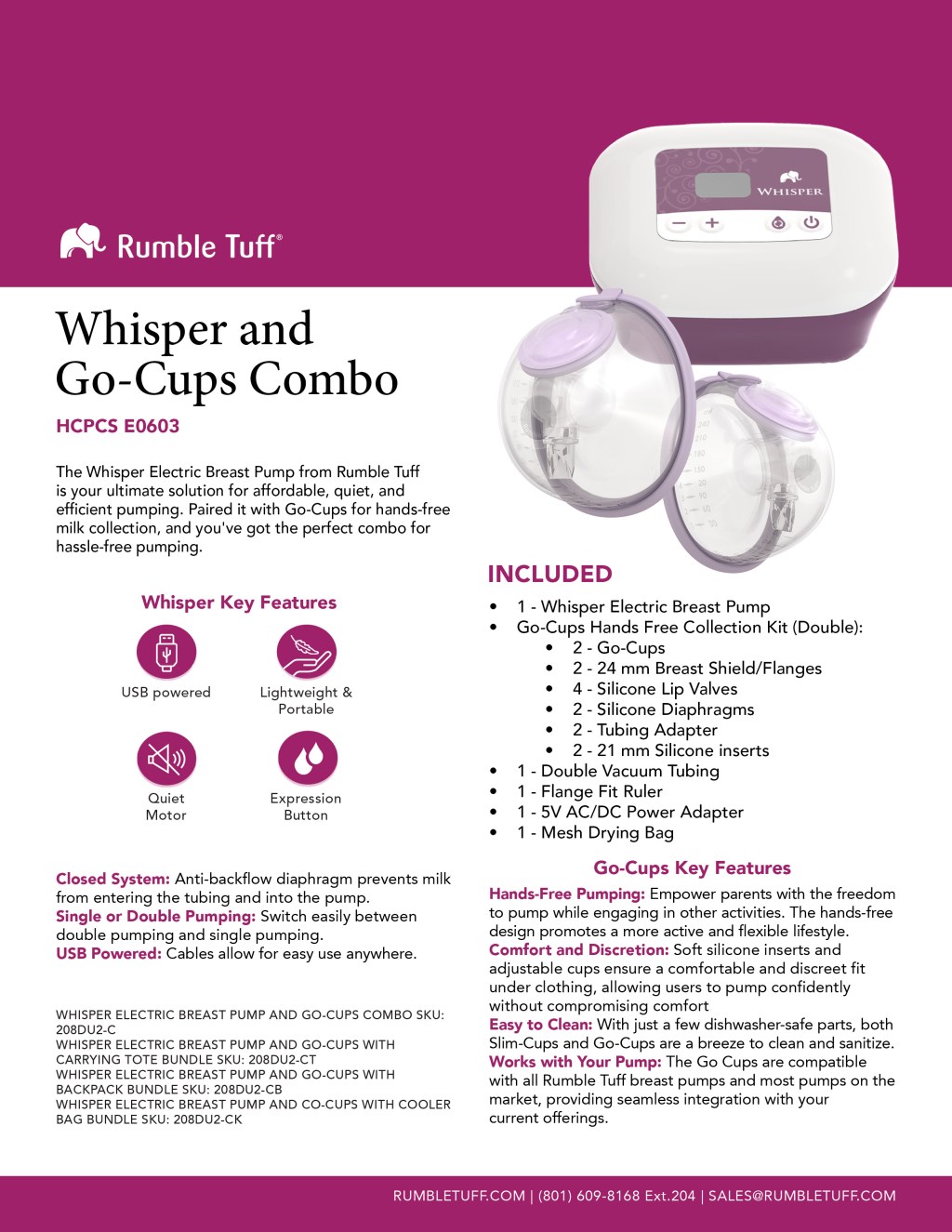 Rumble Tuff Whisper Electric Breast Pump and Go-Cups&nbsp;Combo